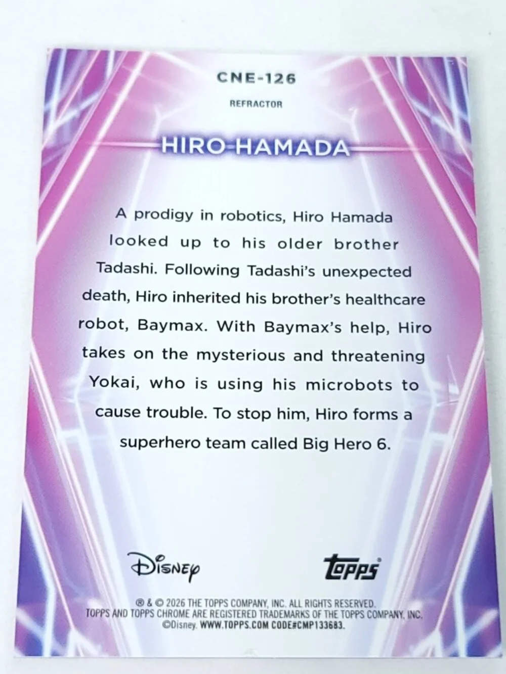Hiro Hamada Topps 2026 Disney Neon Holo Chrome Refractor Limited 154/199 CNE